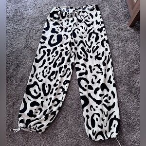 Zara Black and White Animal Print Satin Joggers NWOT
